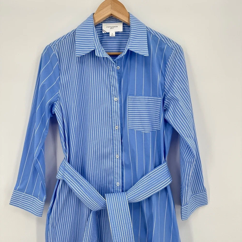 Pomander Place Tuckernuck Blue White Striped Belted Midi Shirt Dress Women Small - Picture 4 of 8